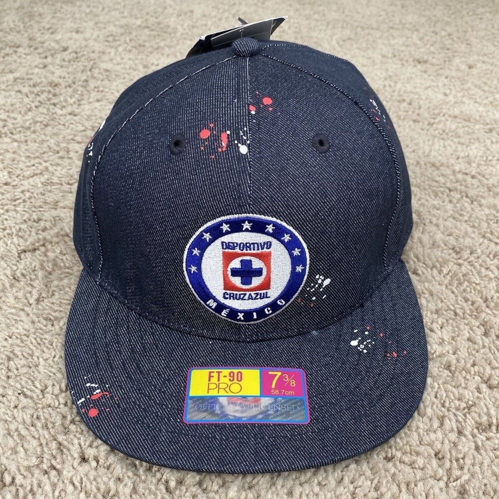 Cruz Azul Fan Ink Hat Football Soccer Navy Paint Splatter Fitted 7 3/8 Cap‎ NWT